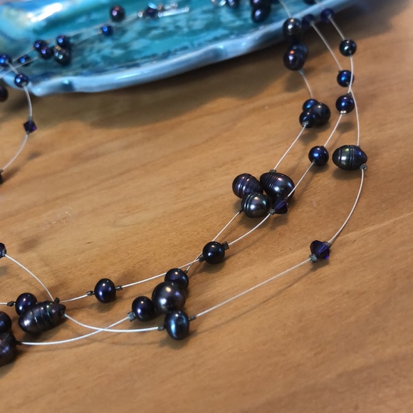 Sterling Silver Clasp And Purple, Blue and Bronzy Pearls and Crystal Necklace - Picture 5 of 13